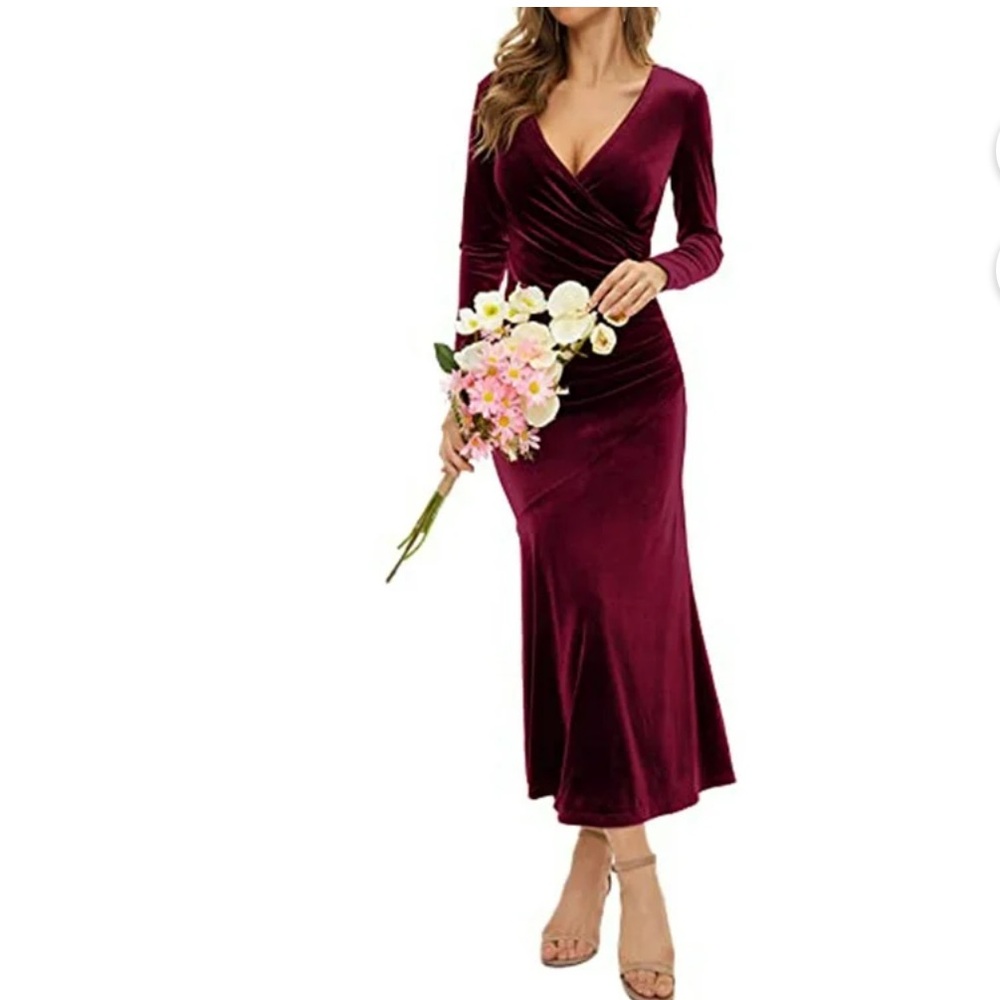 Holiday Cocktail Dresses Skinny Long Wedding Guest Dress V-neck One Piece Size L